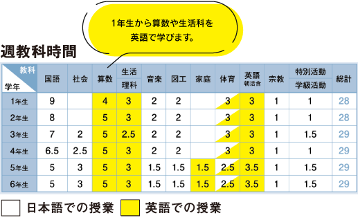 グローバルコミュニケーションコース1年生~6年生までの週教科時間。1年生から算数や生活科を英語で学びます。